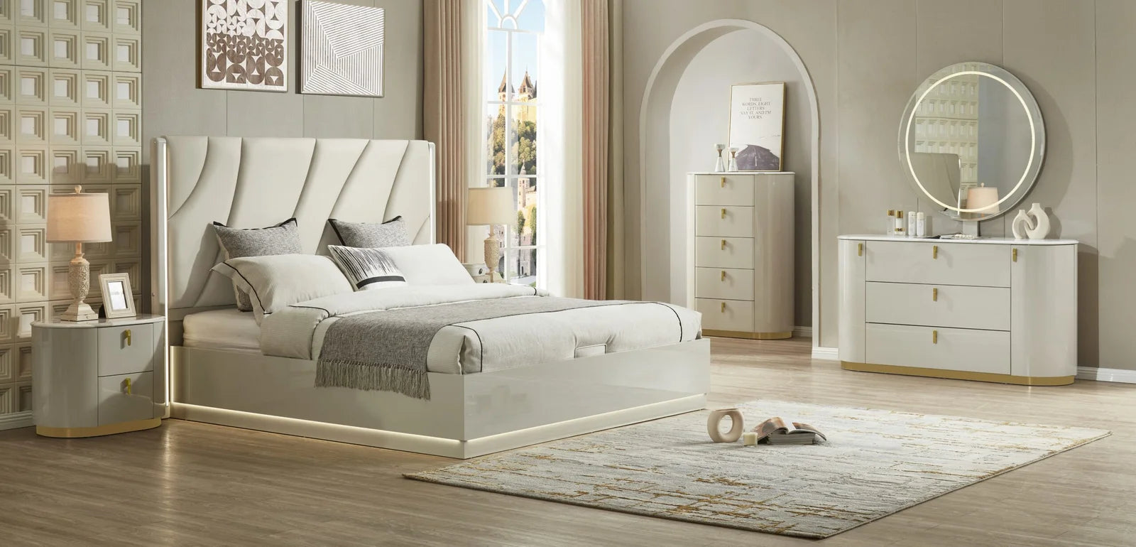 2406- Modern Lacquer Finish Bedset with Hydraulic Storage And LED Lights