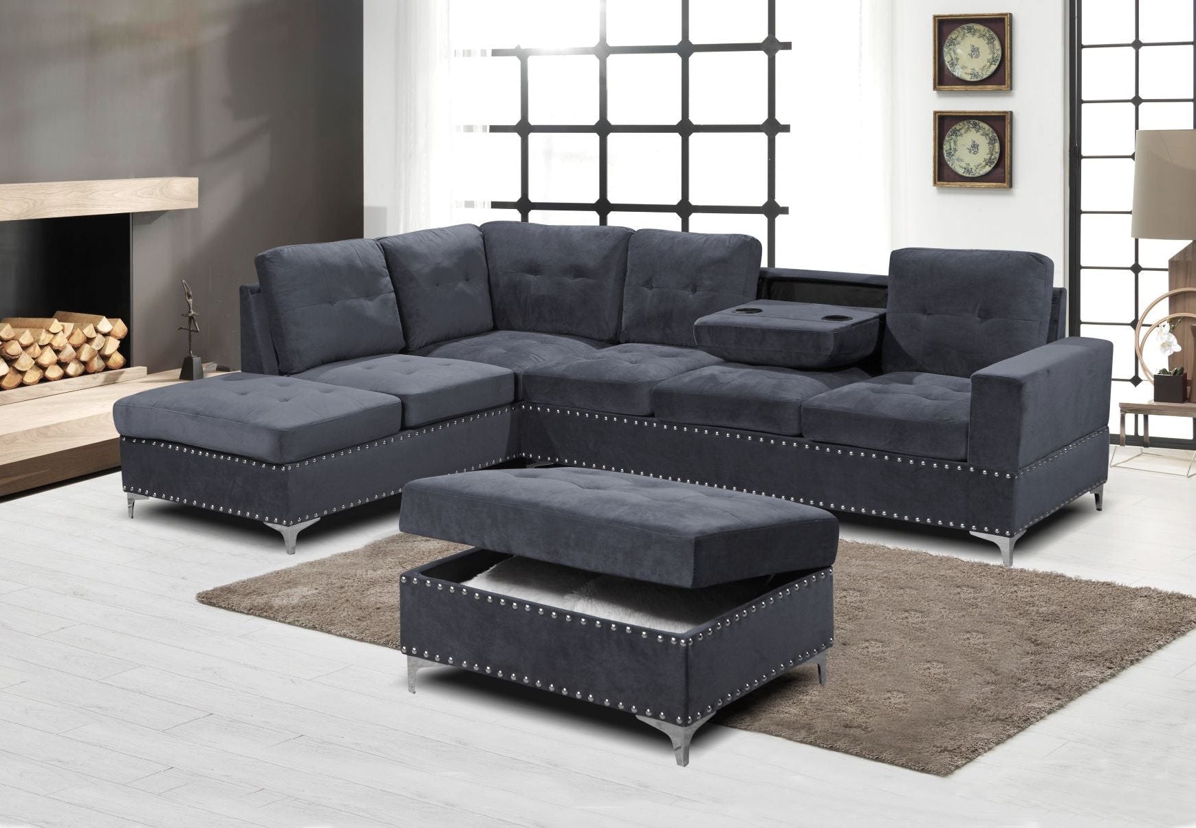 Velvet Reversible Sectional Sofa with Ottoman - 2620