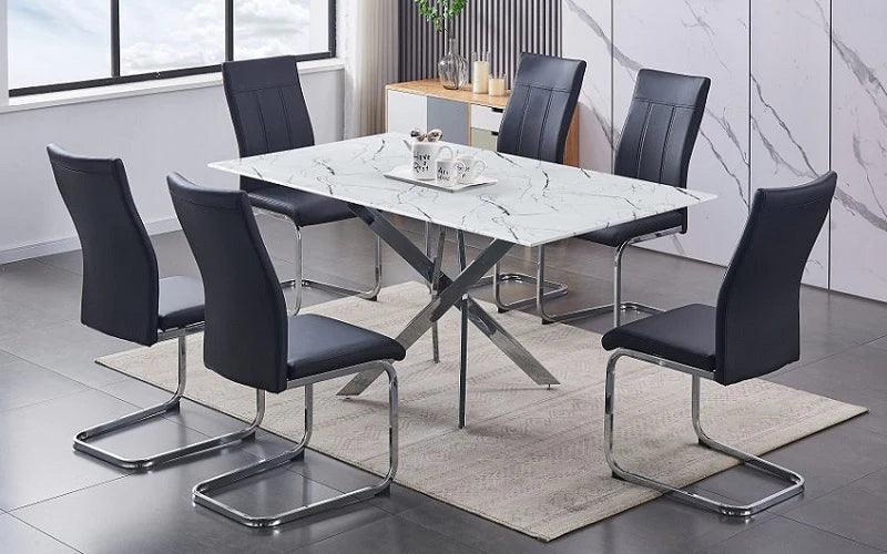 Marble Look Glass 7Pc Dining Table Set - T-1442 - Furniture Empire