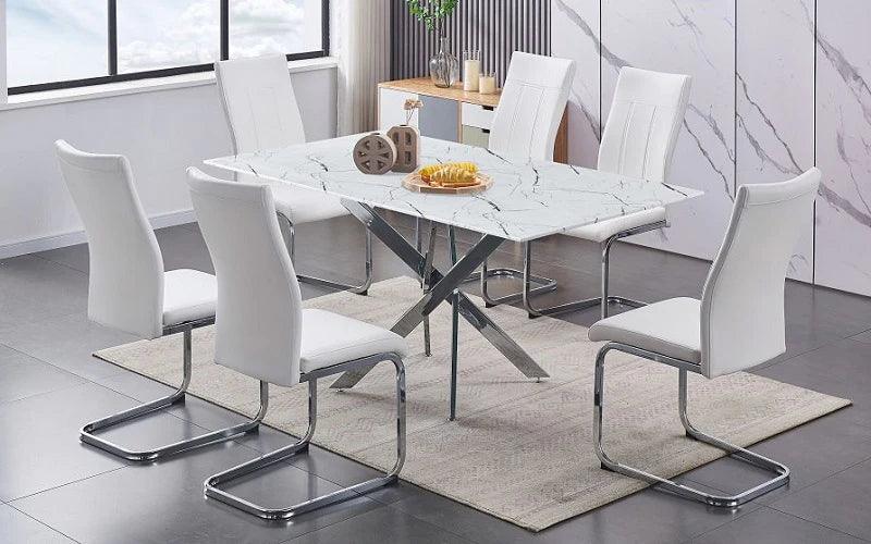 Marble Look Glass 7Pc Dining Table Set - T-1442 - Furniture Empire