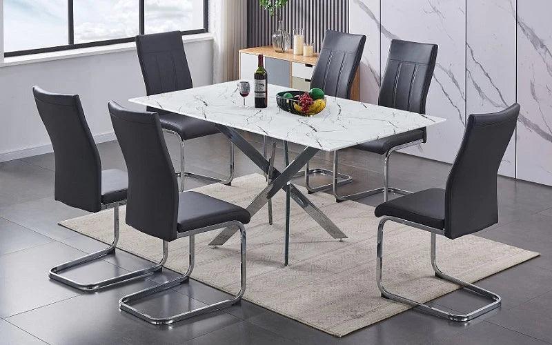 Marble Look Glass 7Pc Dining Table Set - T-1442 - Furniture Empire