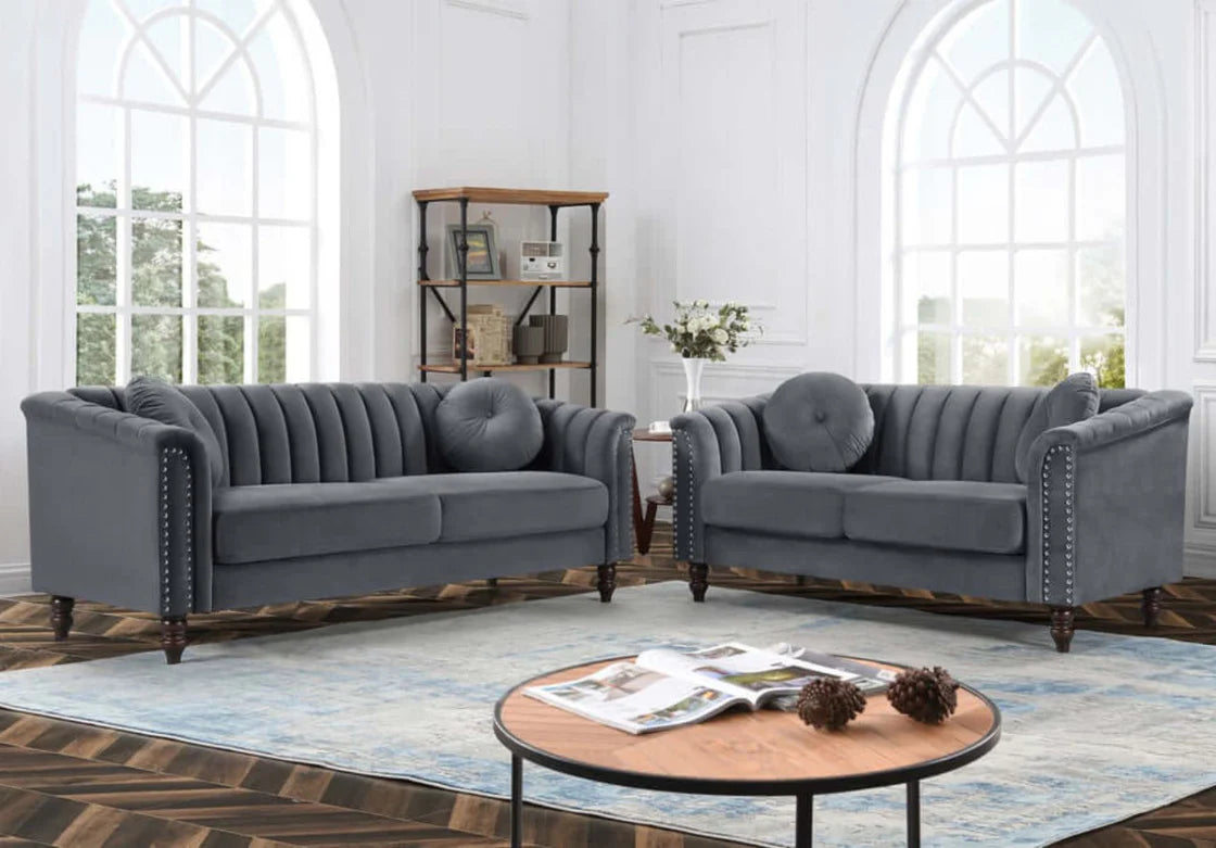 GREY VELVET SOFA SET - (8088) - Furniture Empire