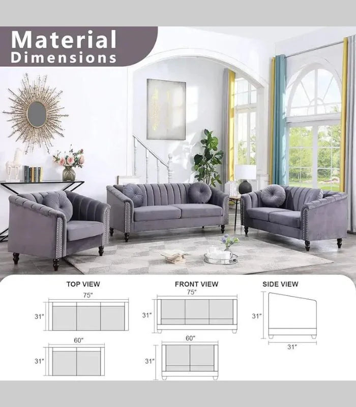 GREY VELVET SOFA SET - (8088) - Furniture Empire